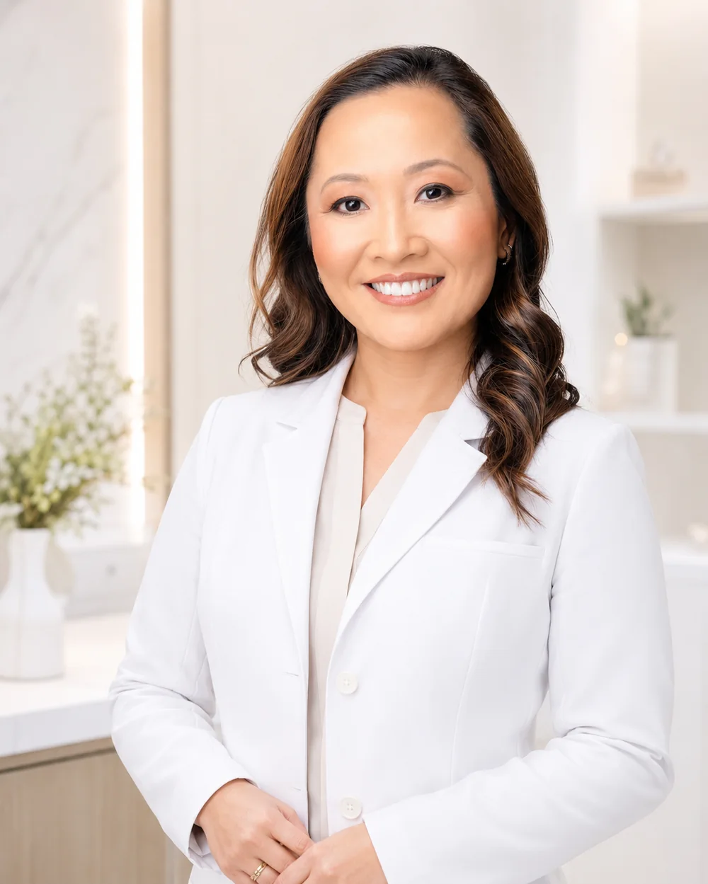 Dra. Marina Harumi Nakamura, cirurgiã-dentista, em jaleco branco no consultório.